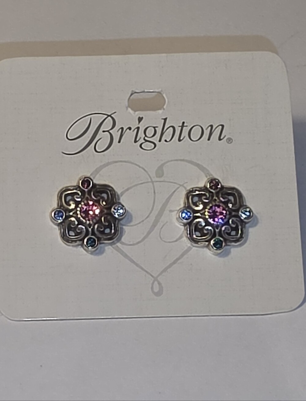 Brighton Elora Gems Silver Floral Stud Earrings with Pink Blue and Green Stonese